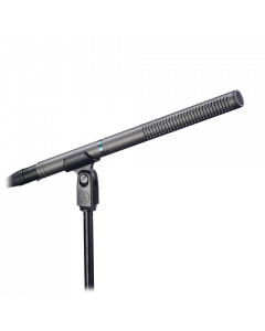 Audio Technica AT897 Short Shotgun Condenser Microphone shown on mic. stand
